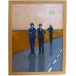 An oil on paper of three men standing on a road, stuck to board, 96 x 64cm