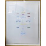 An Israeli silkscreen print with multi-coloured Hebrew script, framed and glazed, 56 x 38cm