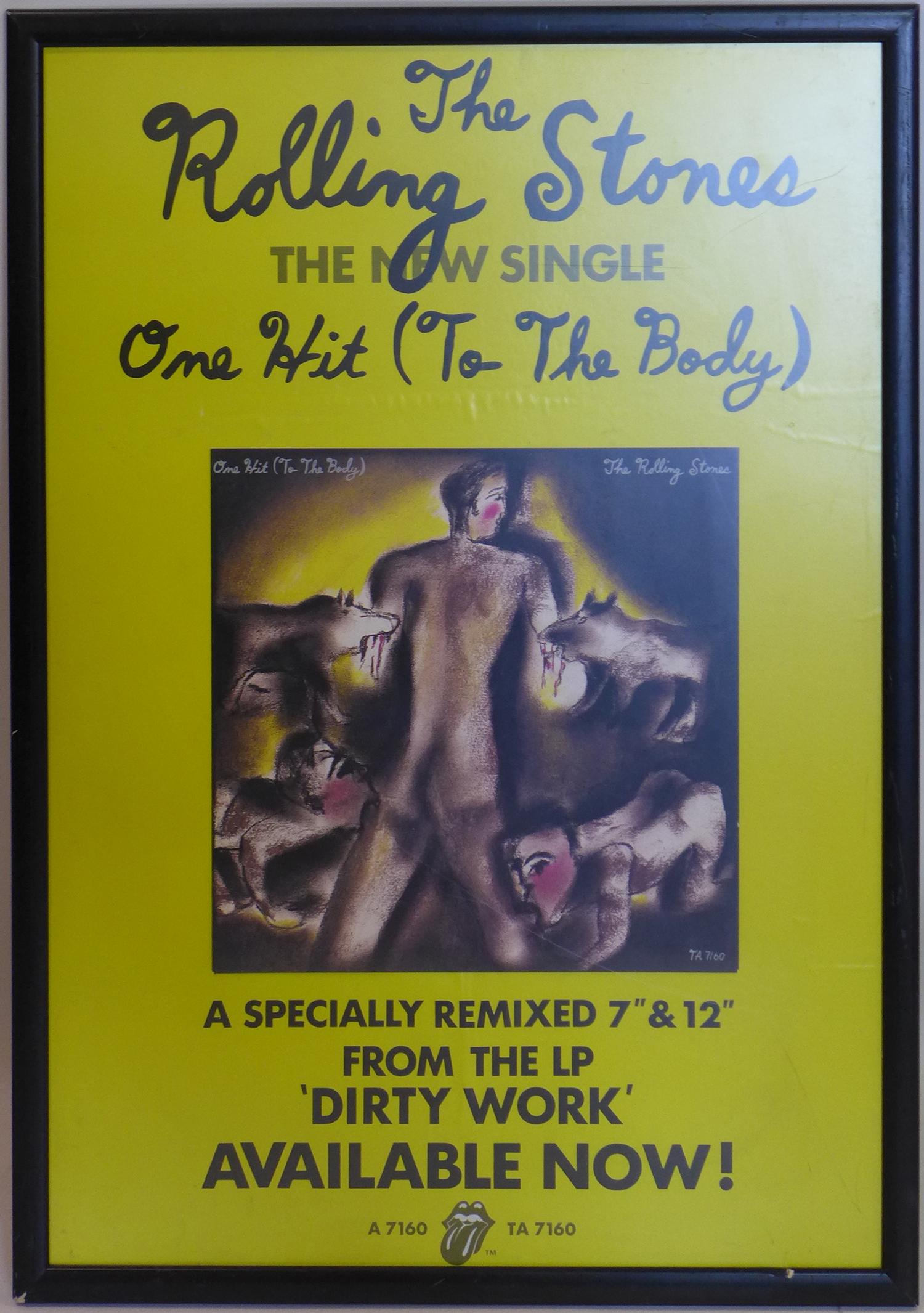 A Rolling Stones 'One Hit (To The Body)' single advertising poster, in black frame, 70 x 49cm