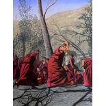 George Tincu, 'Philosophical Debates', Tibetan monks, oil and sand on canvas, signed lower right,