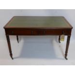 A late 19th century mahogany library table with green leather skiver, two drawers and two faux,