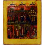 A Russian icon of the Pokrov Mother of God, tempera on wood panel, with lining to back, 44 x 39cm