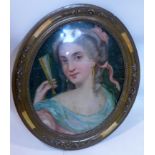 An antique oval portrait painting on glass, in oval gilt frame, 43 x 36cm