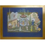 An Indian painting on textile backed on linen of figures in a courtyard scene, within gilt border,