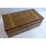 A 19th century walnut writing slope with tunbridge ware inlay and secret drawers, H.18 W.50 D.26cm