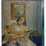 After Johannes Vermeer, girl playing guitar, oil on canvas, 63 x 57cm