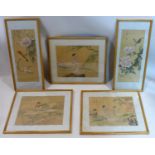 Five framed and glazed, 20th century Chinese paintings on silk to include two floral and insect