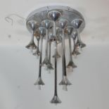 A vintage chrome 13 light ceiling pendant, no shades