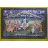 An Indian painting on textile backed on linen of a Hindu goddess and her devotees with mountains