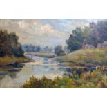 Early 20th century school, Riverscape, oil on panel, in giltwood frame, 20 x 30cm