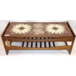 A mid 20th century G-plan teak coffee table with tiled top, H.43 W.118 D.50cm