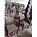 A set of six William Maclean Regency style mahogany scroll armchairs