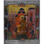 A Russian icon depicting a young saint preaching to elders with a townscape to background, tempera