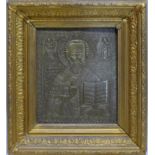 A Russian bronze icon of St Nicholas of Myra, in an ornate gilt frame, 27 x 24cm (icon), 42 x