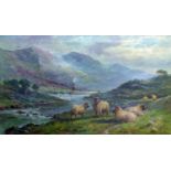 William Langley (British, 1852-1922), sheep by a river, oil on canvas, needs restoration, in gilt