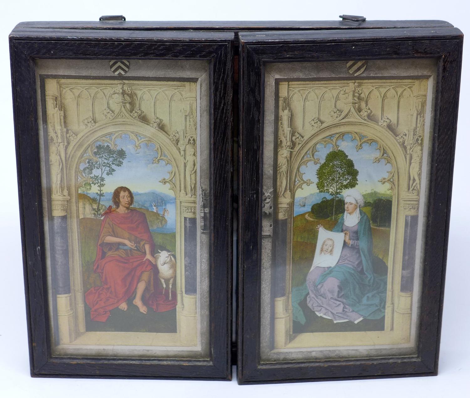 A miniature folding oak screen containing scenes from Jan Floreins alterpiece 23.5 x 53cm with a - Bild 3 aus 6