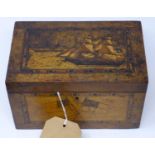 A 19th century tunbridge ware inlaid walnut tea caddy, top depicting a ship, H.12 W.20 D.13cm