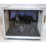 A 1920's diorama in glass case of Evergreen church, H.54 W.63 D.40cm