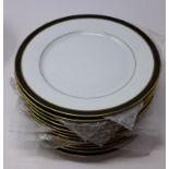 Legle Limgoes, black and gold rimmed porcelain collection: 12 large dining plates, dia: 26cm each