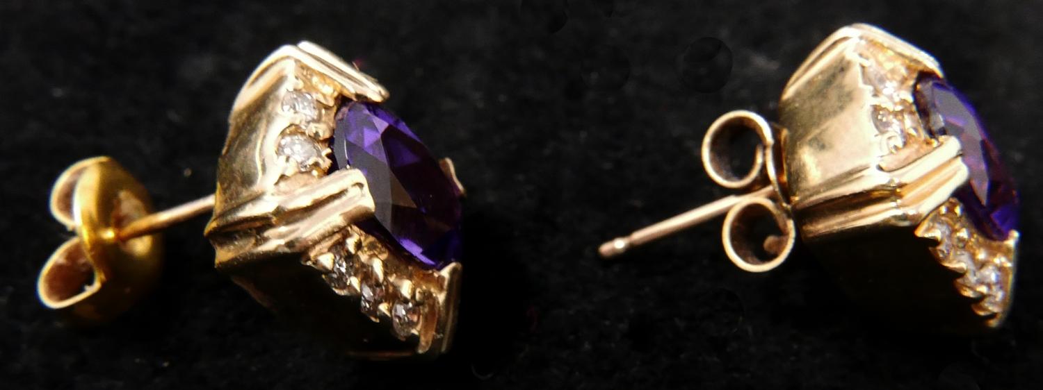 A boxed pair of 14ct yellow gold amethyst and diamond stud earrings - Image 2 of 2