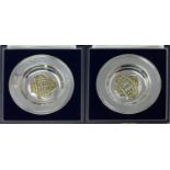 Two small silver and diamond inset commemorative dishes, with monogram to centre, made for the