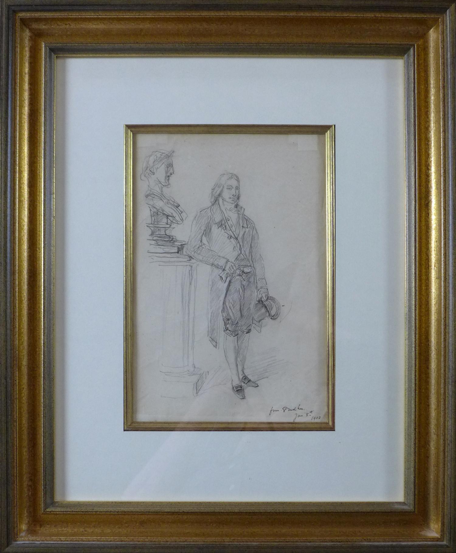 An early 20th century pencil drawing of a gentleman standing by a bust, signed and dated 8th Jan - Image 2 of 3