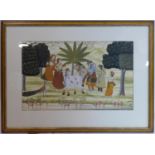 An Indian painting on silk of figures in a garden setting, 40 x 64cm