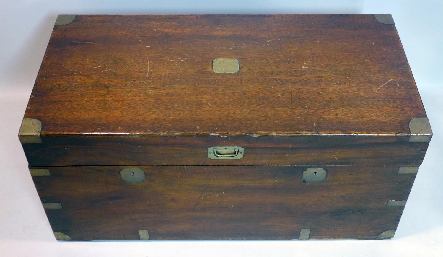 A late 19th century mahogany military campaign trunk, brass bound, H.45 W.100 D.49cm - Image 2 of 3