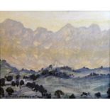 Andre Dzierzynski (Polish, b. 1936), landscape, oil on on panel, 14 x 17cm