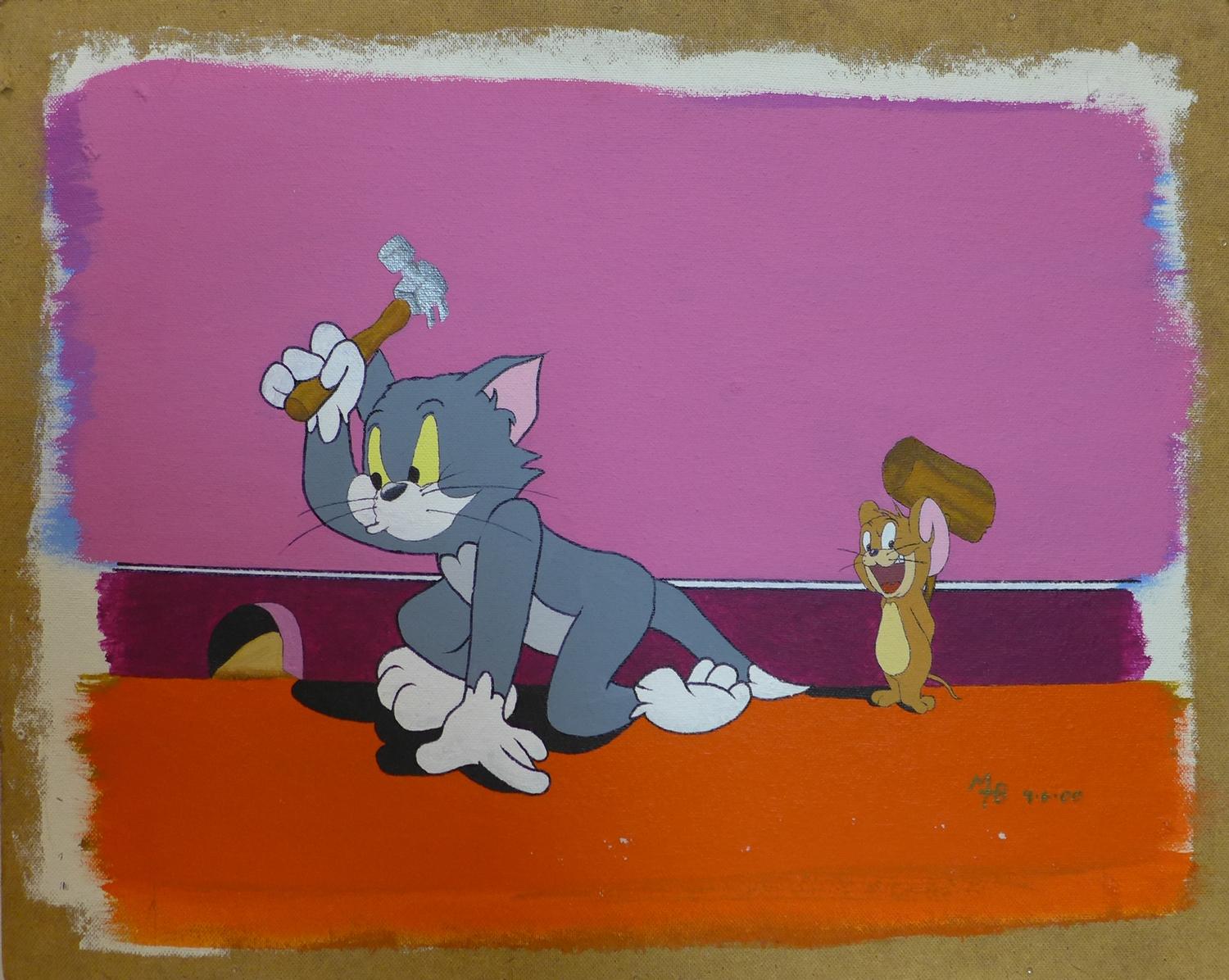 An oil on board of Tom and Jerry, monogrammed MB and dated 9.6.00 to lower right, unframed, 50 x