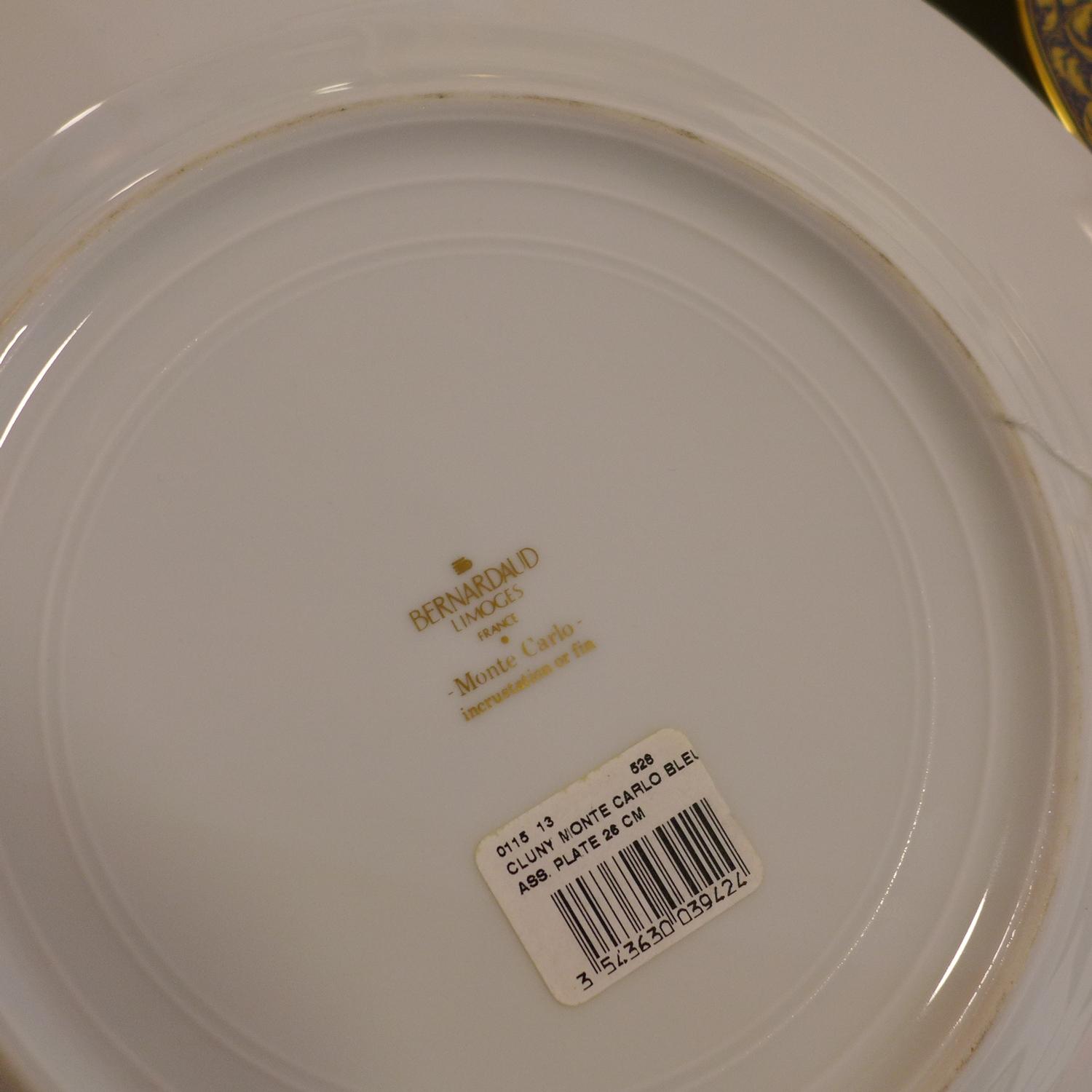 3 Bernardaud, France porcelain plates with highly gilded detailing with blue rims, large: 32cm - Image 2 of 2