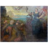 Late 19th century Continental school, Hera and the Hydra, oil on canvas, indistinctly signed lower