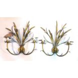 A pair of gilt sheet metal wall sconces, with twin branches and wheat stalk design, H.48cm (2)