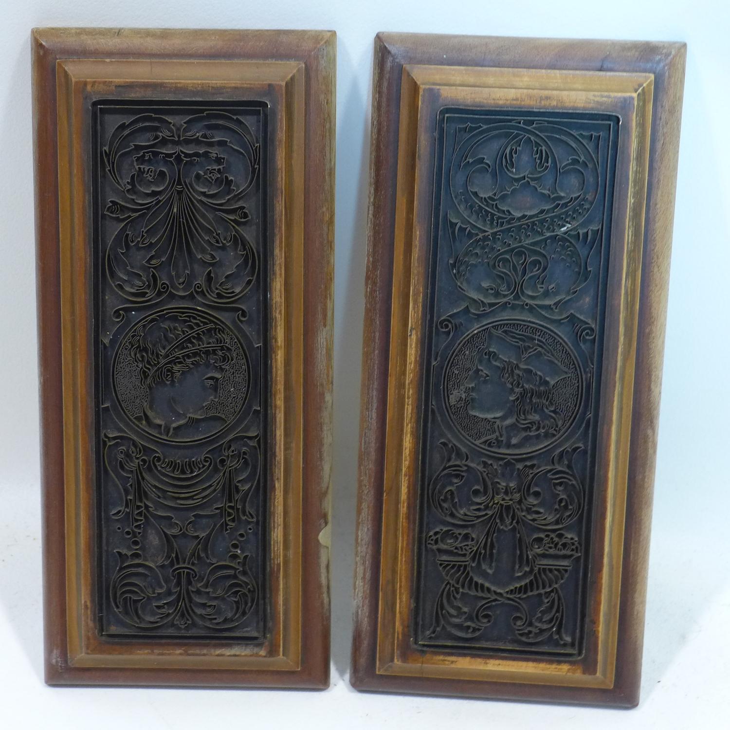 A pair of antique printing blocks set within oak mounts 30 x 13cm each - Image 2 of 2