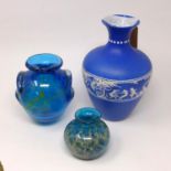 Two hand-blown blue Mdina glass vases, H.14.5cm and 8cm with a Slyvan Jasper ware blue and white