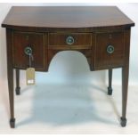 A Georgian mahogany bow front side table, with three drawers, raised on tapered legs, H.76 W.92 D.