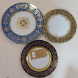 3 Bernardaud, France porcelain plates with highly gilded detailing with blue rims, large: 32cm