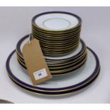 Legle Limoges navy blue and gold rimmed porcelain collection: 2 bowls, 3 dinner plates, 3 side