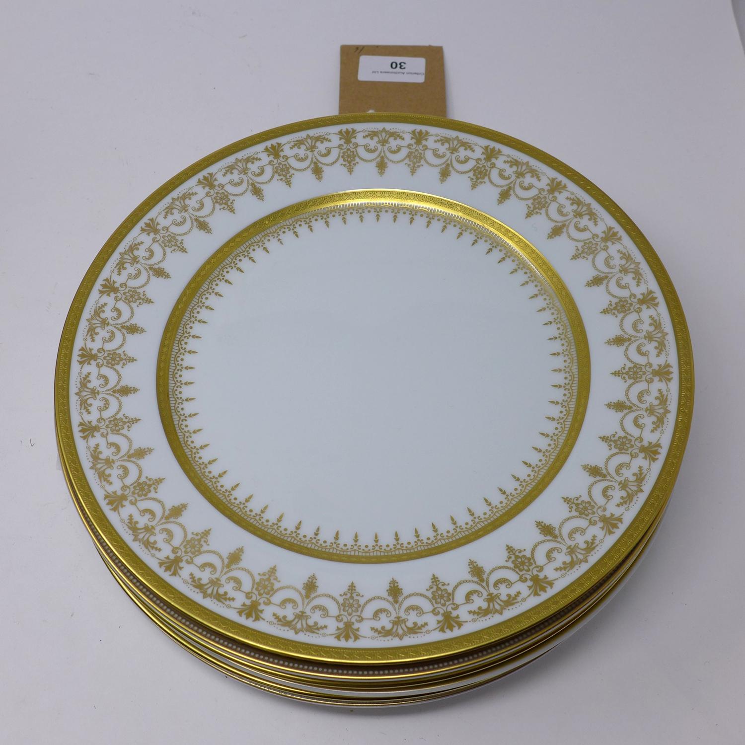 6 large porcelain dining plates by Bernaudaud, France in gold and white (various designs), Dia: 26cm