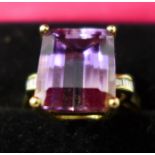 A boxed 14ct yellow gold large stepped-cut, natural ametrine ring with diamond set shouders