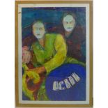 A contemporary oil of two figures at a card table, framed and glazed, 112 x 76cm
