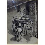 An early 19th century ink wash drawing of a man loading a cart, 25 x 18cm