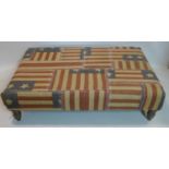 A hessian upholstered hearth stool with U.S.A. flag print, H.30 W.120 D.80cm