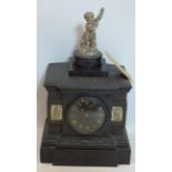 A 19th century slate and bronze mantle clock, with silver plated finial and frieze, the dial