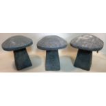 A set of three fibreglass mushroom staddle stones, H.46 W.44 D.44cm