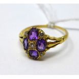 A high carat yellow gold, 19th century amethyst and diamond quatrefoil cluster ring, Size: L 1/2,