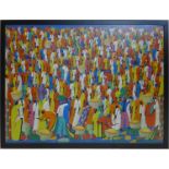 A large framed Haiti acrylic on canvas of colourful figures en masse, signed 'Sony' lower right hand