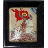 A late 19th century Russian enamel icon of St George Slaying the Dragon, in a marble frame (Damage
