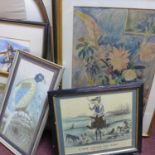 A collection of seven paintings and prints, to include a Russian watercolour of an old lady by a