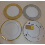 4 Bernardaud, French porcelain dinner plates: 2 gold, 2 silver - various designs, dia: 30cm